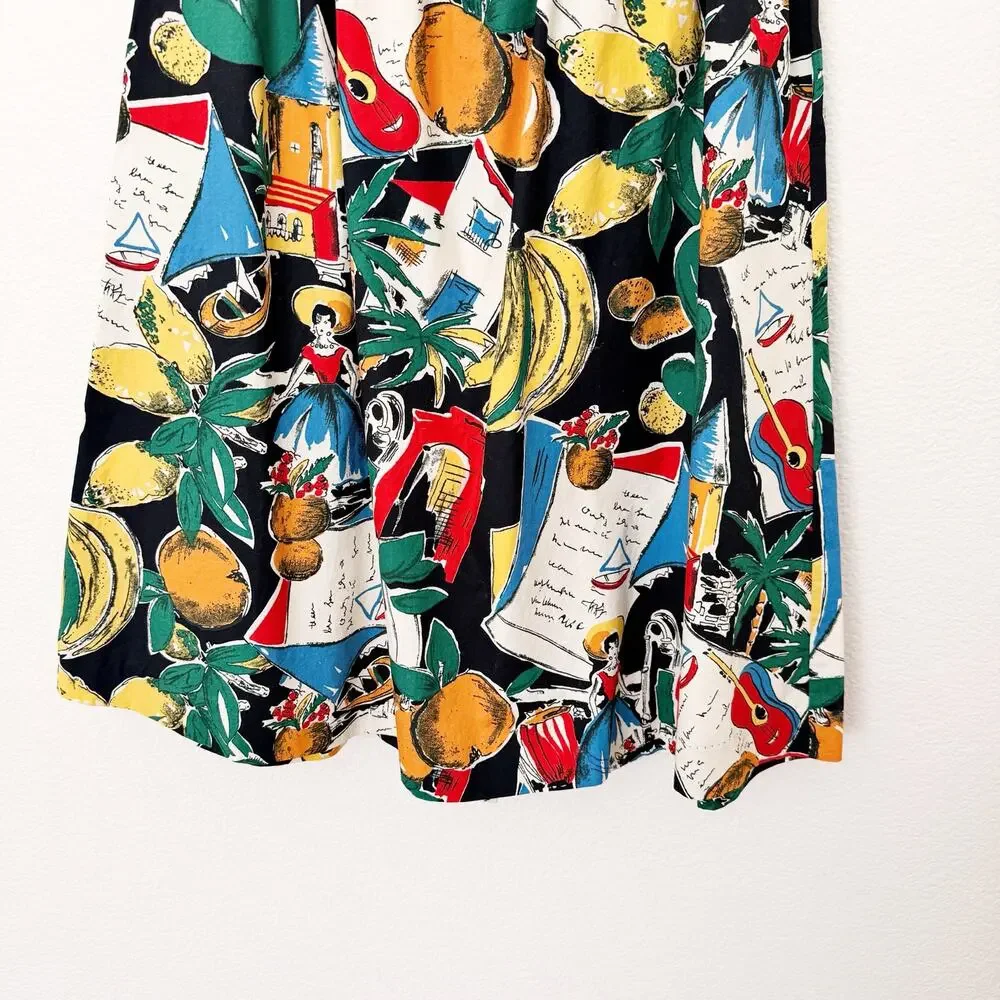 [J. Crew] Novelty Print Postcard Spain Fruit Button Front A-Line Midi Skirt Sz 0